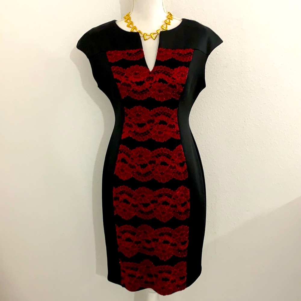 Connected Apparel  Mesh Inset Slit Cocktail Dress